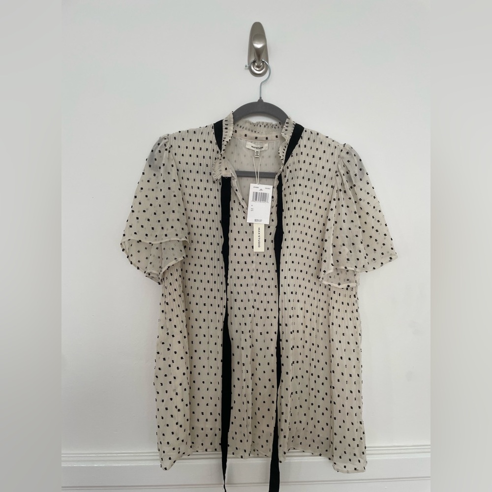 Black and Cream Tie Neck Blouse